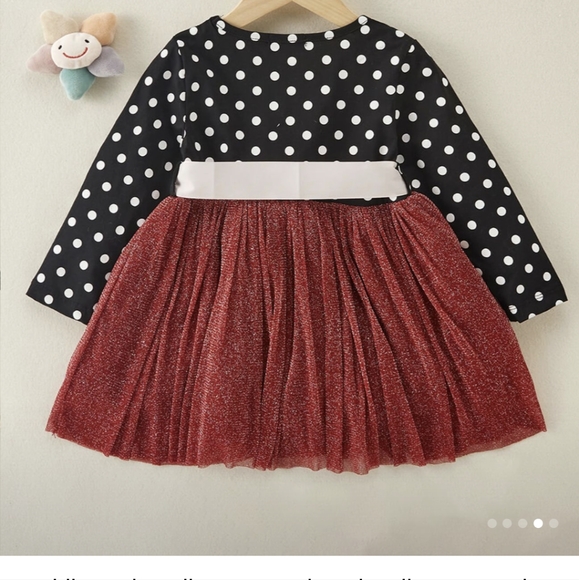 Red Toddler Girls Polka Dot Patchwork Tulle Dress Baby Kids Clothes - Picture 2 of 2